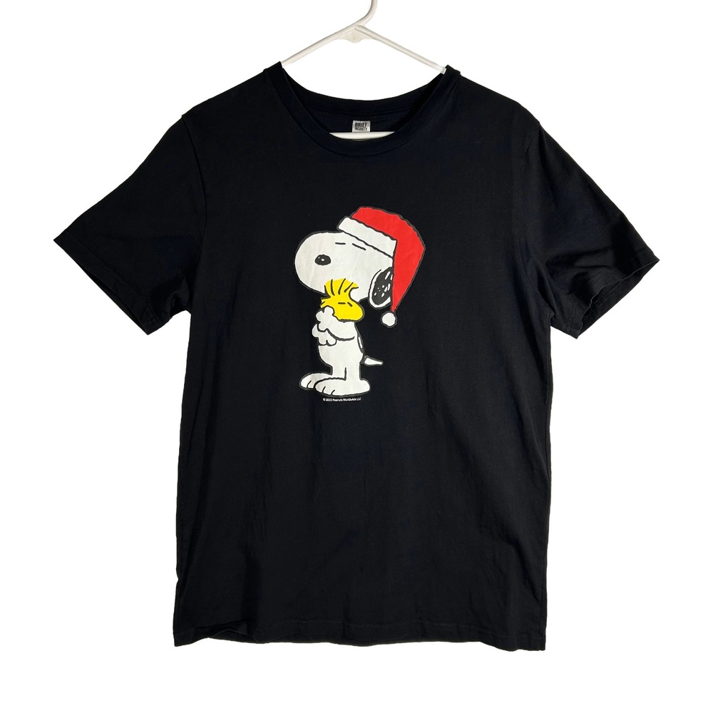 Brief Insanity Peanuts Snoopy Christmas Woodstock Black Graphic T-Shirt Mens L